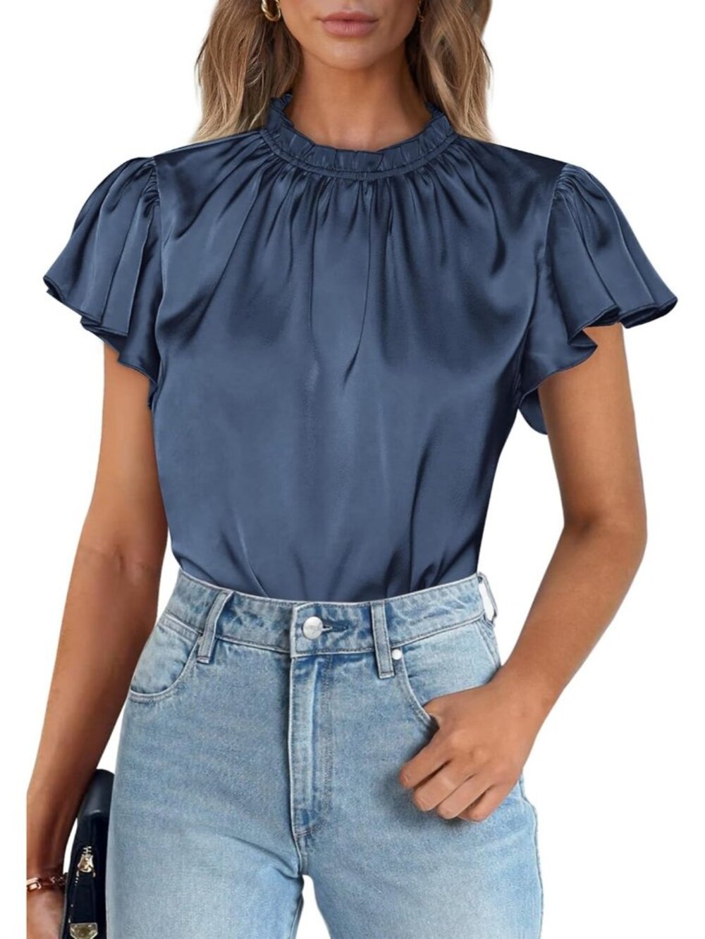 Women's Grey/Blue Satin Blouse Ruffled Neck Flutter Sleeve Office Work Silk Top
